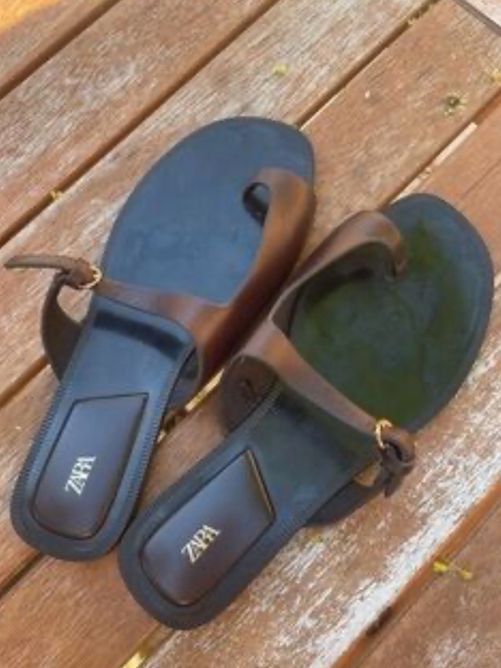 Like New Zara leather square toe thong slip flop sandal brown black 41 / 10
